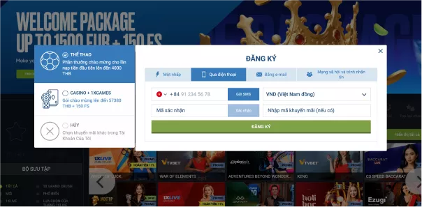 Đăng ký bằng email, điện thoại hoặc mạng xã hội 1xBet